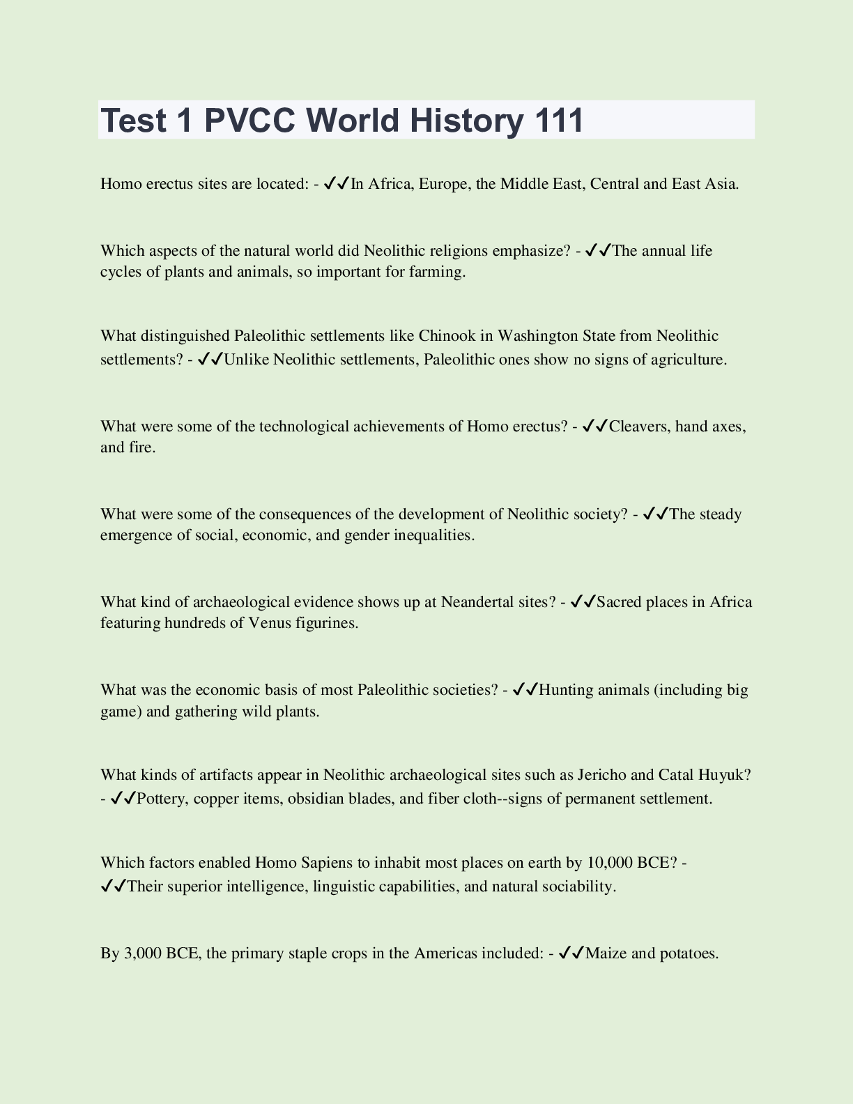 Preview of Test 1 PVCC World History 111 | 50 Questions with 100% Correct Answers | Updated & Verifie